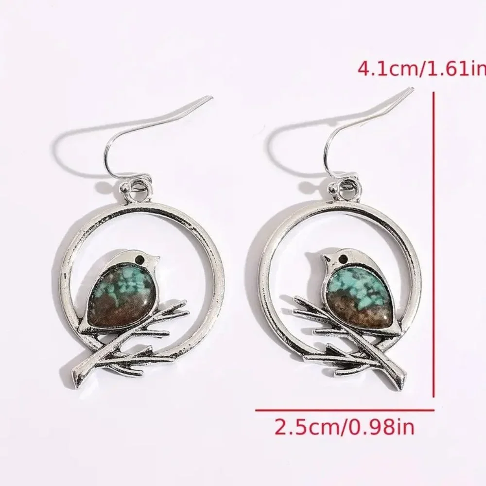 Bird Earrings Drop Hoop Dangle Silver Tone Inlayed Nature Tree Turquoise Stone